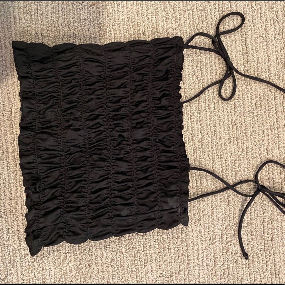 black ruffled tight top with shoulder ties